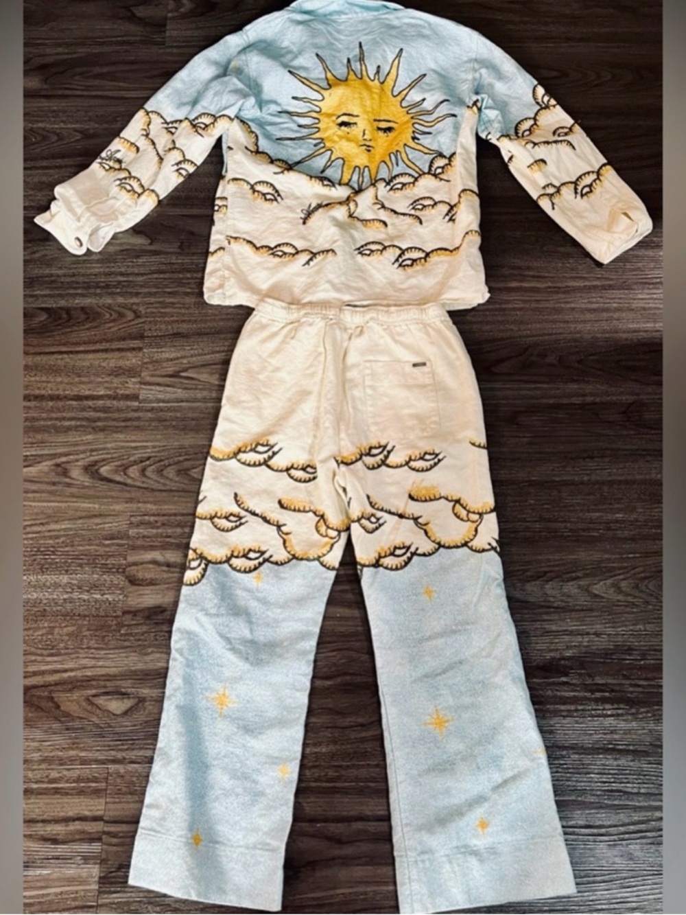 Sun & Clouds Two-Piece Lounge Set in Cream, Sky Blue & Gold